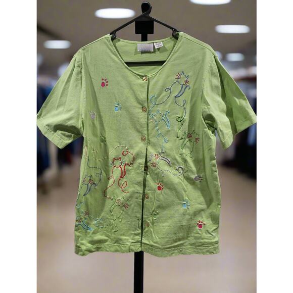 Vintage Tropico Green Medium Ladies Embroidered Cats Themed Button Down Shirt - Picture 1 of 5